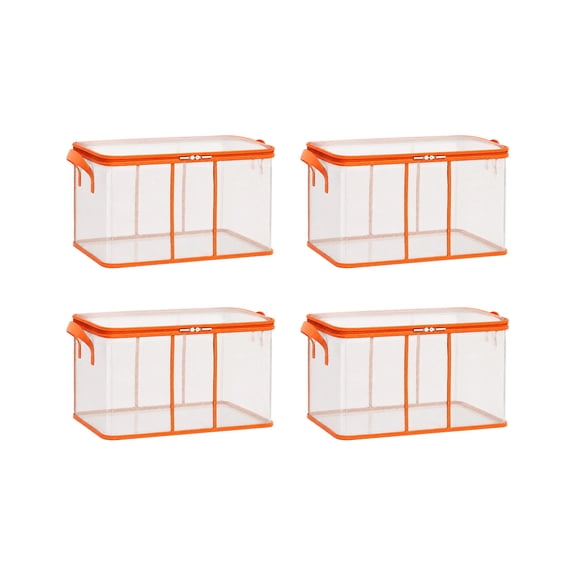 4 Pack Large Heavy-Duty Thick Plastic Clear Storage Bag for Clothes, Stackable Bin with Zipper Lid Handles, Ideal for Moving Dorm Closet Organization Home Supplies (Orange,17.32" x 13.39" x 9.84")