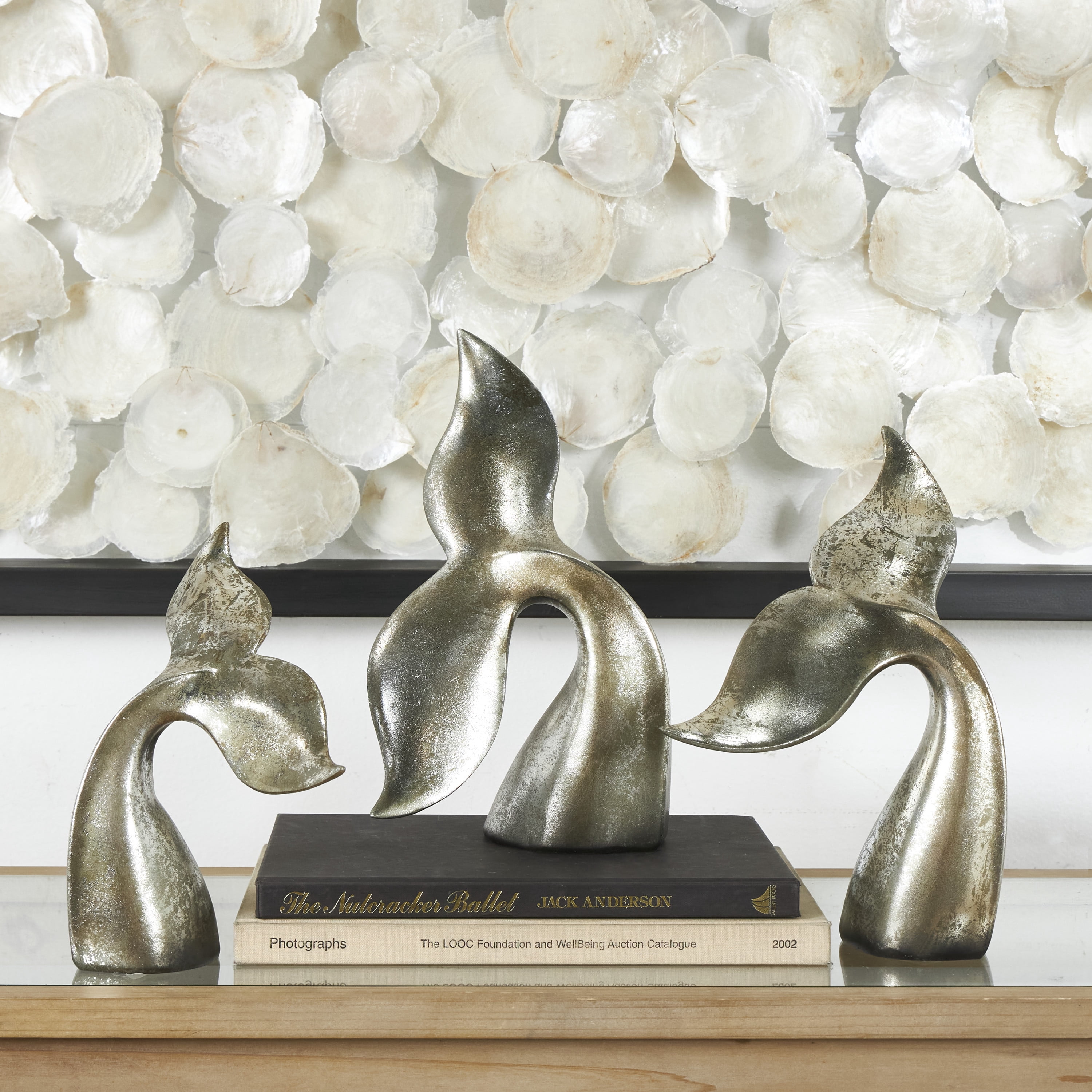 12, 9, 11"H Silver Polystone Whale Sculpture with Various Sized Tails and Copper Distressing, by DecMode (3 Count)