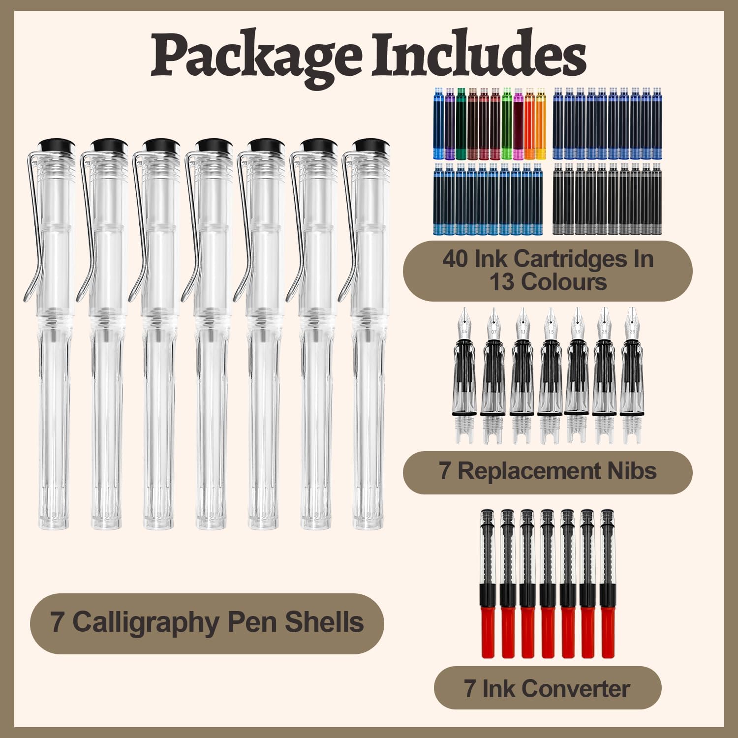 Calligraphy Set, 7 Pcs Fountain Pen with Different Replaceable Nib and 40 Ink Cartridge in 11 Color for Beginner Writing Drawing Kit