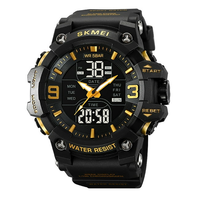 Graflsoa Black Gold Dual Movement Sports Watch with Alarm, Waterproof, Night Light, and Multi-Function Digital Display for Men