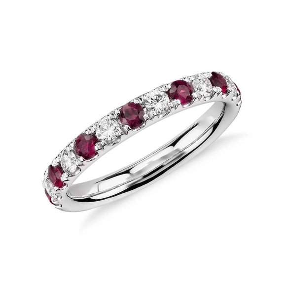 Ruby and simulated diamond Ring, Dainty Stacking Ring, Round Ruby Band, Unique Stackable Ring, Half Eternity Ring, Matching Band, Gift for Women