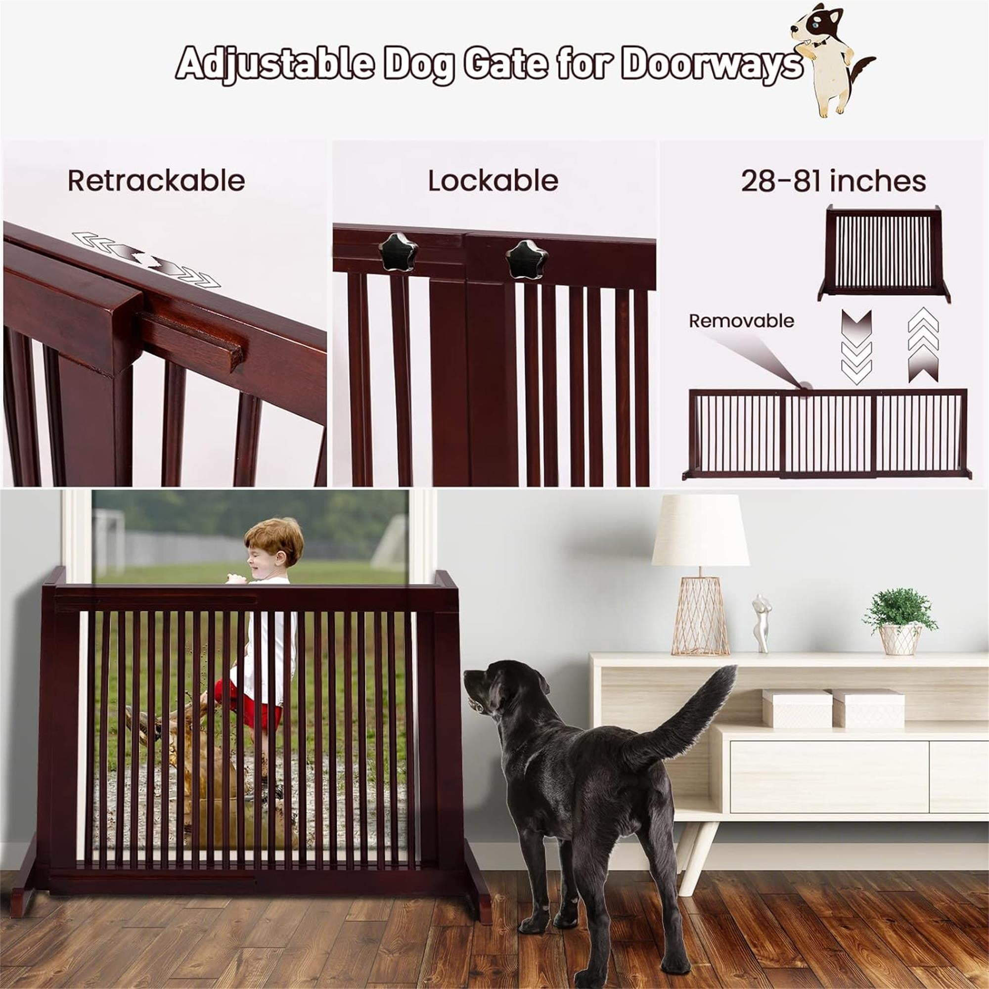 Pefilos 20"-80" Adjustable Wooden Dog Fence Indoor, Freestanding Pet Gates for Dogs, Step Over Dog Gate Extra Wide for House, Doorways, Stairs, Brown
