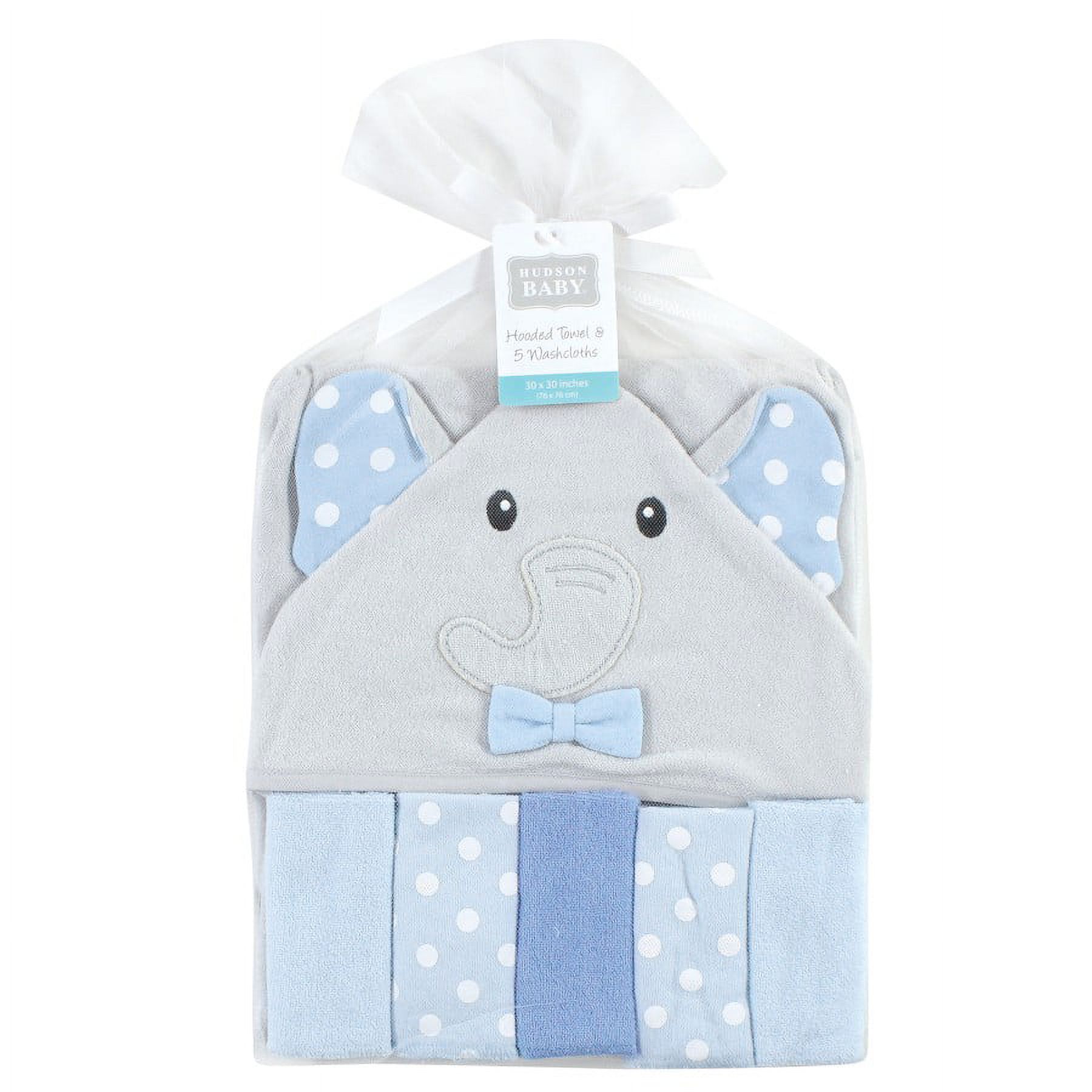 Hudson Baby Infant Boy Hooded Towel and Five Washcloths, White Dots Gray Elephant, One Size - image 2 of 2