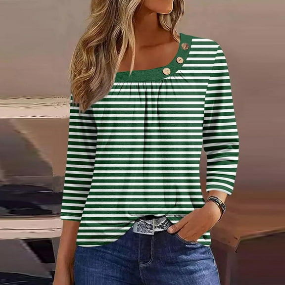 hxobax Striped 3/4 Length Sleeve Shirts Womens Trendy Pleated Crewneck Button Blouse Cute Tunic Tops