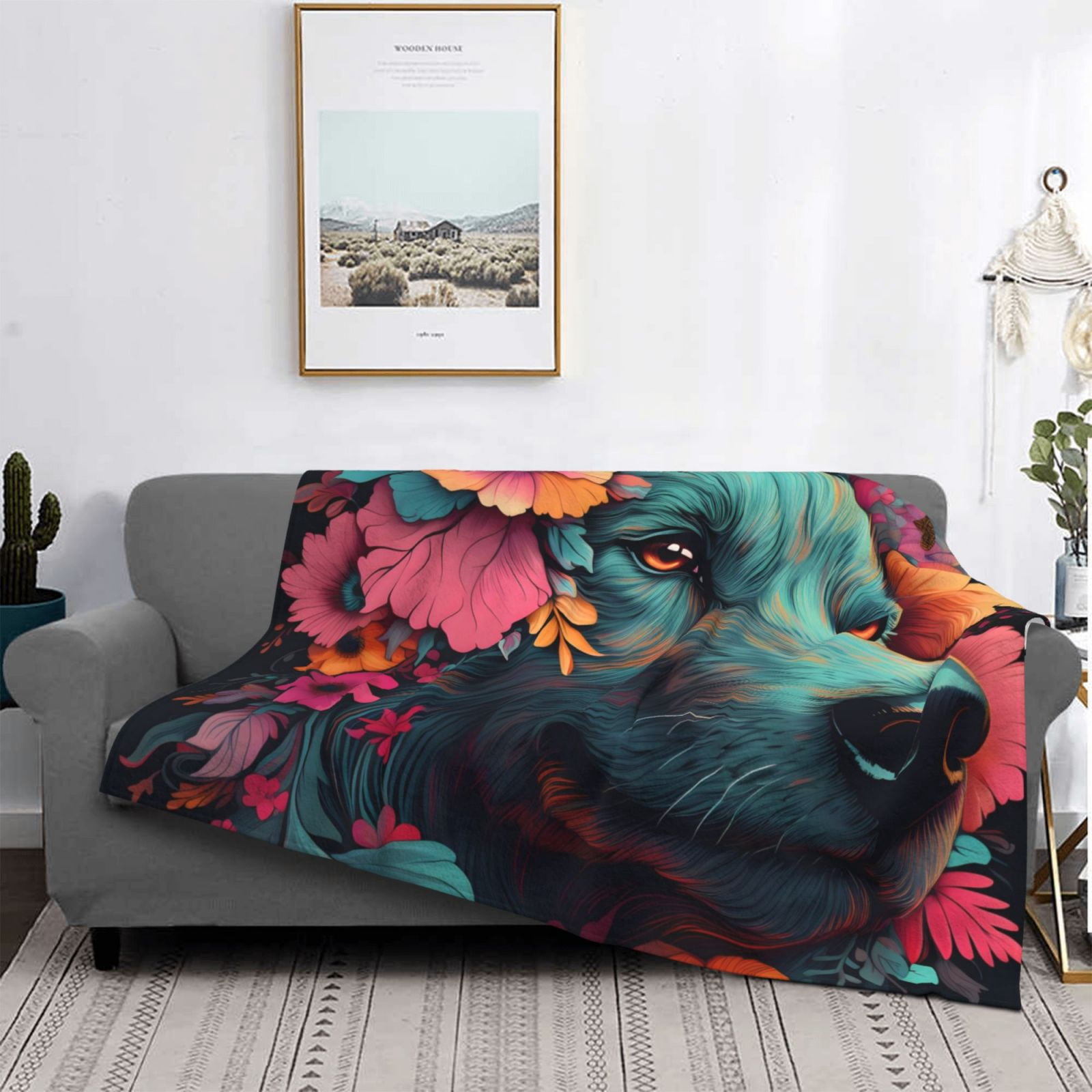 Throw Blanket for Couch - Colorful Flower Dog A Soft Comfy Lightweight Cozy Warm Throw Blanket, Fuzzy Plush Flannel Blanket & Throws for Sofa and Bed All Season
