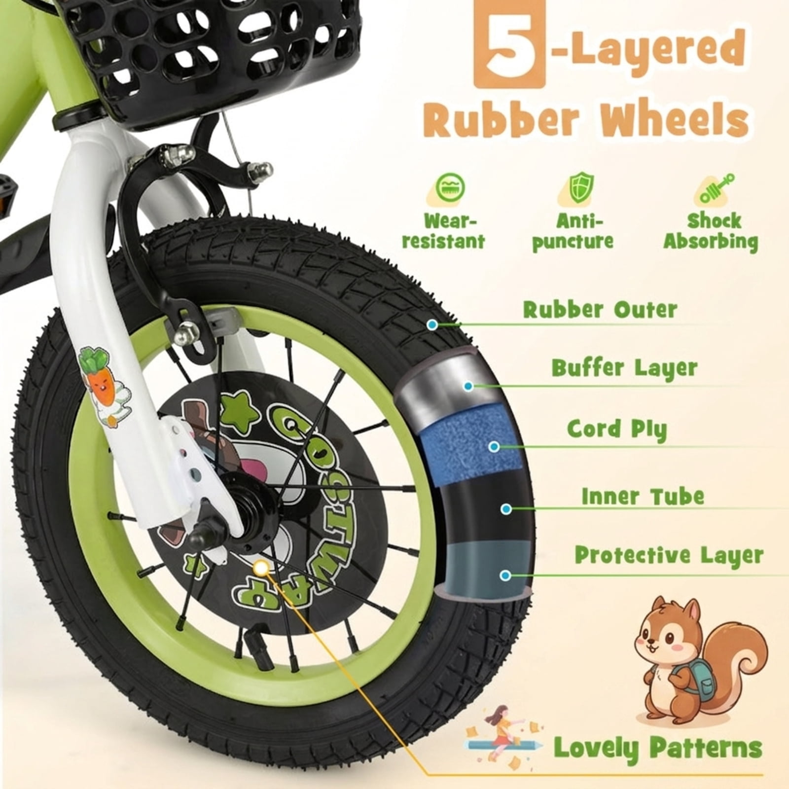 Redsmile Kids Bike 12 Inch with Detachable Training Wheels for 3-4 Years Old Boys Girls, Adjustable Kids Bicycle with Storage Basket, Handbrake and Coaster Brake, 12" Toddler Bike, Green