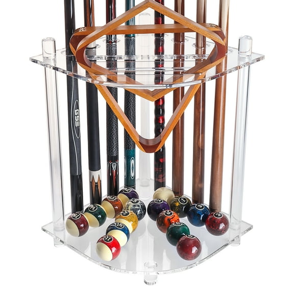 GSE Games & Sports Expert Clear Acylic Corner-Style Floor Stand Billiard Pool Cue Racks. Holds 8 Pool Cue Sticks, 2 Pool Ball Racks, 16 Pool Balls