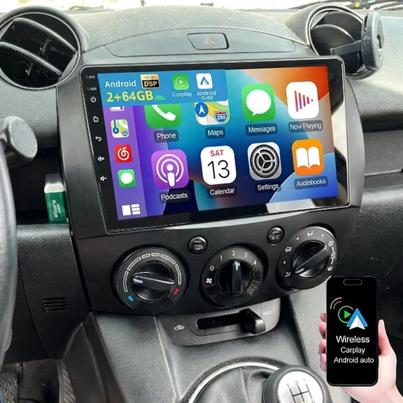 Geabo 2 64GB Car Radio for Mazda 2 2007-2013 with Wireless Carplay Android Auto, 9 Inch HD Touchscreen Car Stereo Support WiFi GPS Bluetooth FM/RDS SWC Backup Camera