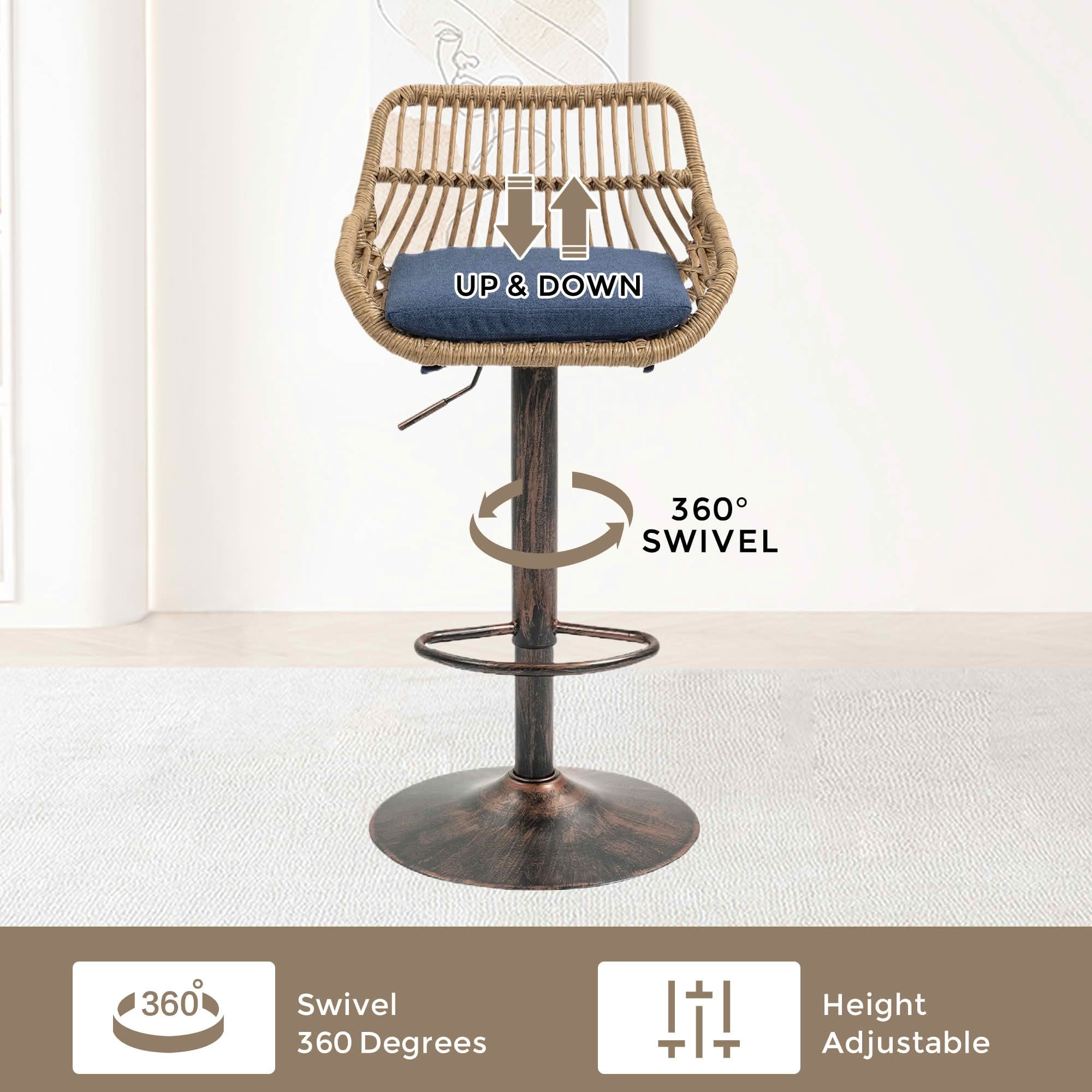 MAYEERTY Swivel Bar Stools Set of 2, Adjustable Height Chairs with Footrest, Linen and PE Rattan Back, Blue