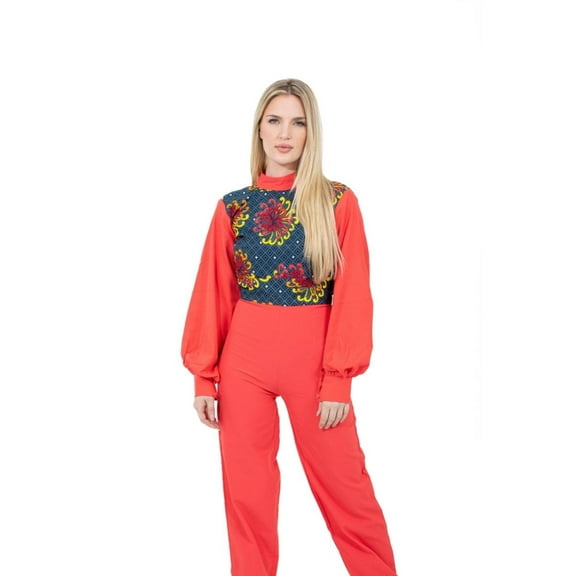 Coral Red Crepe and Ankara Mix African Print Jumpsuit for Women