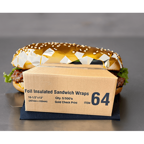 Insulated Cushion Foil Sandwich Wrap 10.5" x 13", Gold Check Print, 2,500 pack