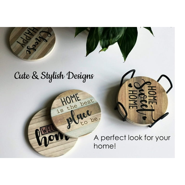 Panchh Rustic Farmhouse Stone & Cork Coasters for Drinks, Absorbent - Set of 6 Coasters with Holder - Best Housewarming Gifts for New Home Ideas - Cut