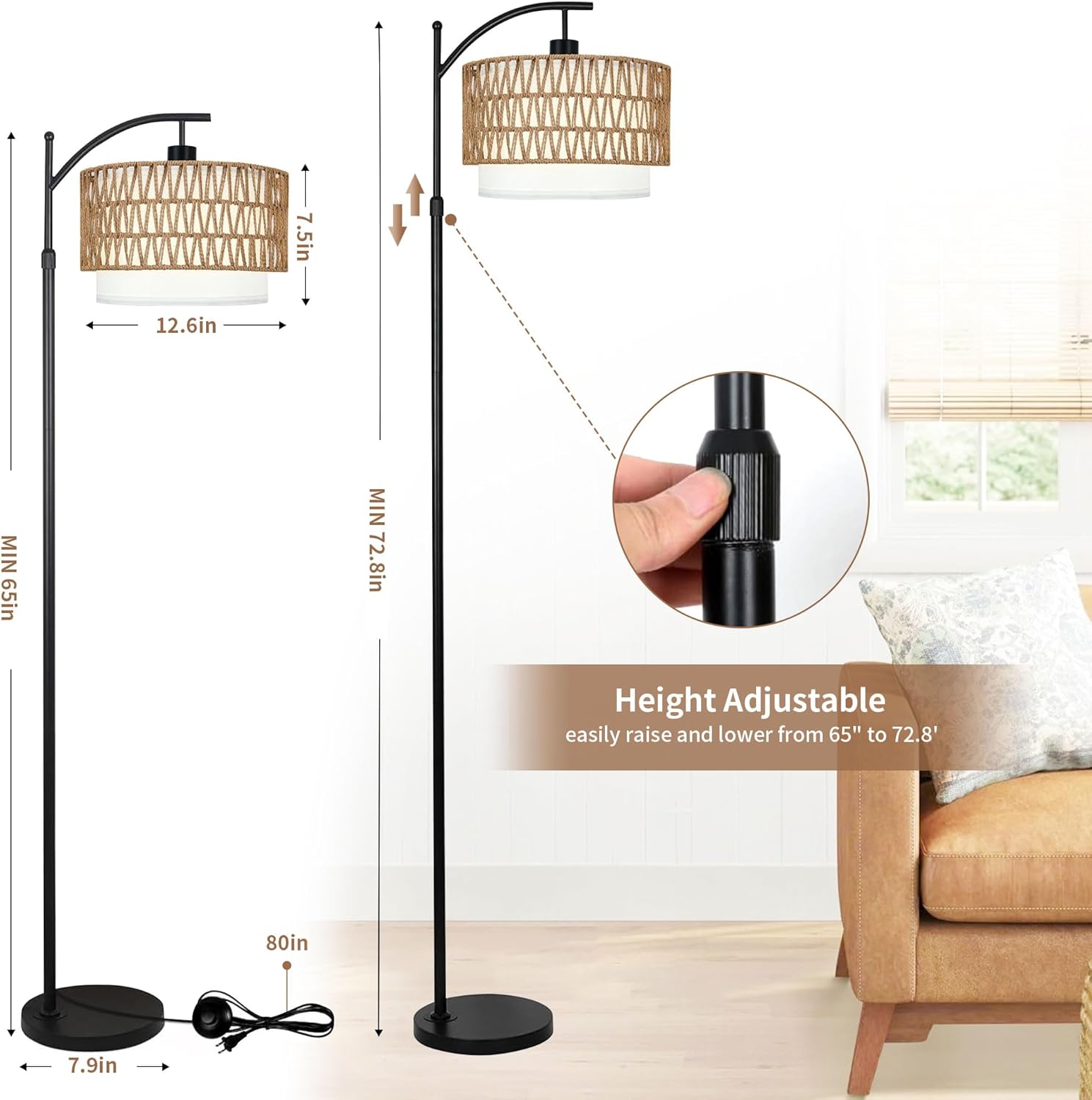 75" Dimmable LED Arc Floor Lamp - Remote & Foot Control, 3 Color Temperatures (3000K-6000K), For Living Room, Bedroom