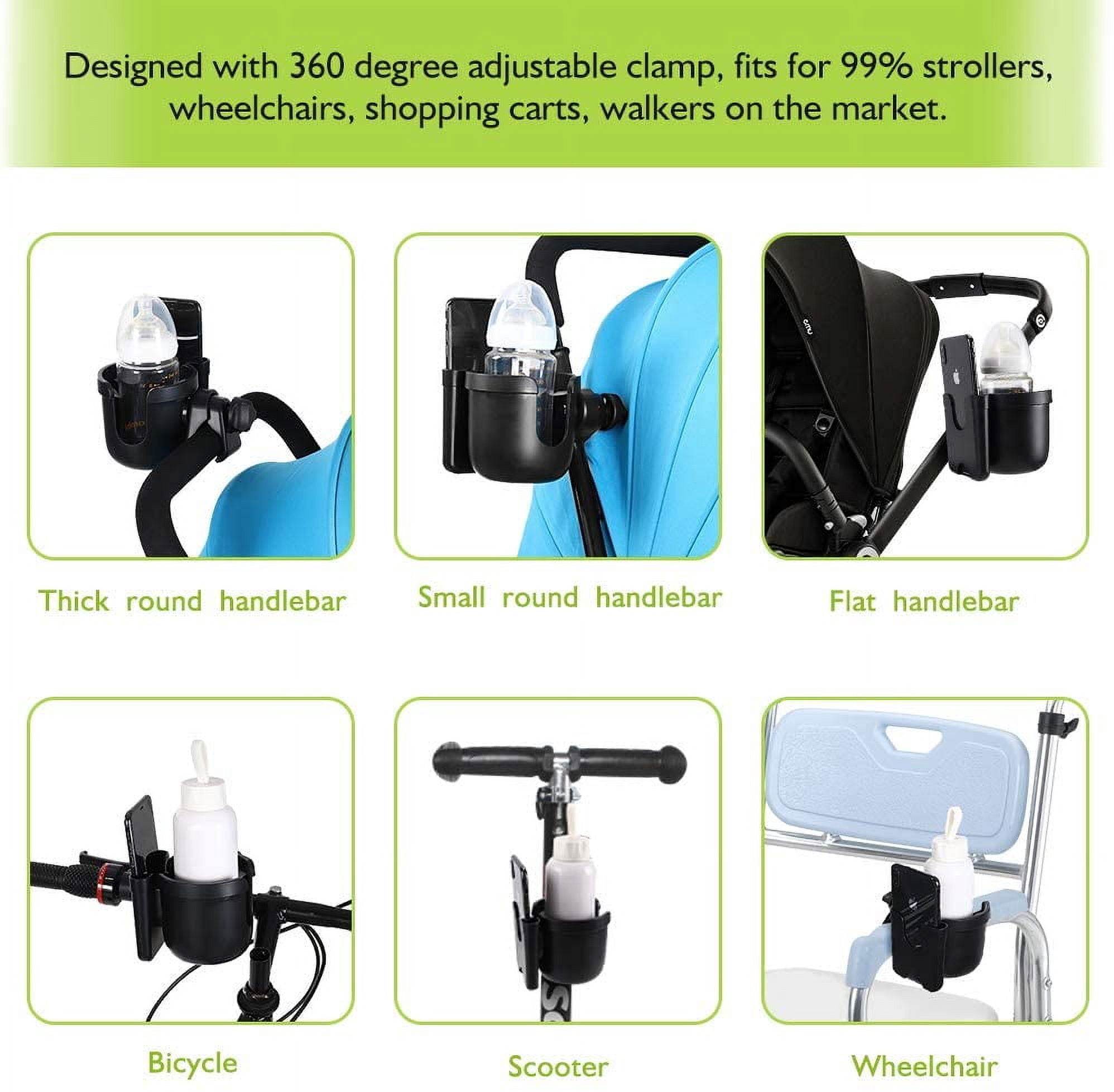 Stroller Cup Holder with Phone Holder, Bike Cup Holder, Universal Cup Holder for Uppababy Nuna Doona Strollers, 2-in-1 Cup Phone Holder for Walker Wheelchair Scooter Accessory All Black & All Black