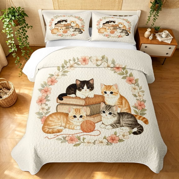 Manfei Kawaii Kitten Twin Quilt Set, Boho Western Flower Twin Coverlet Set, Cream, 2pcs, 1 Bedspread and 1 Pillowcase