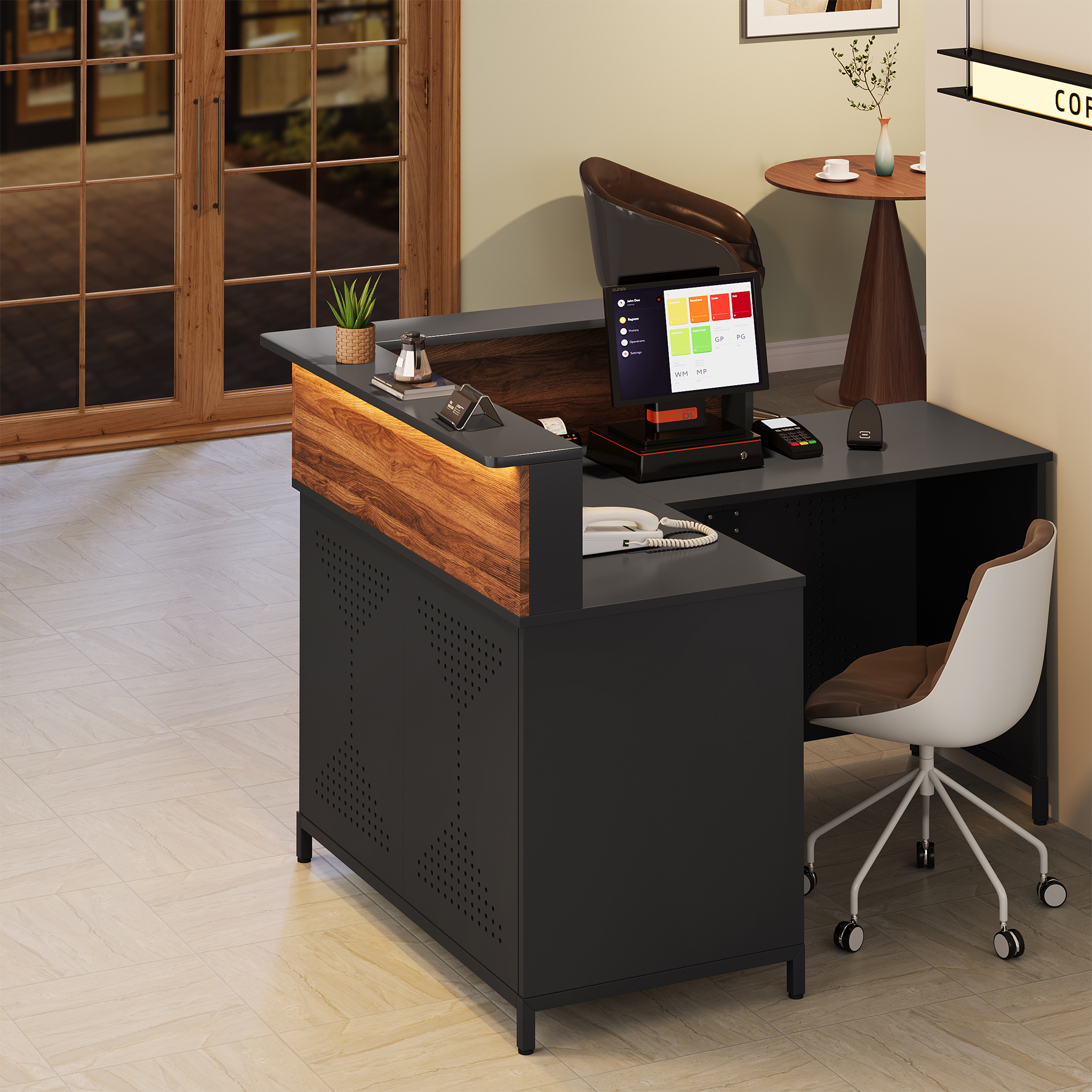 Condemo 60'' L-Shaped Reception Desk with LED Lights, Modern Front Desk, Checkout Counter Table for Office, Lobby, Cafe, Beauty Salon, Black and Walnut