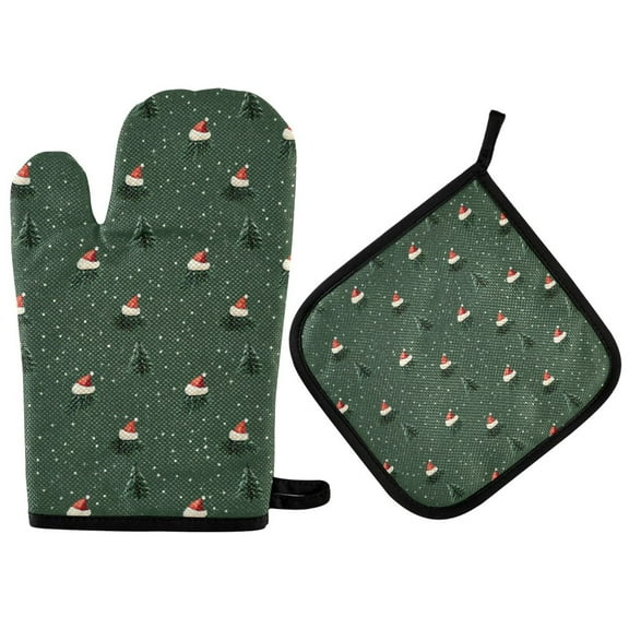 Yayeee Oven Mitts and Pot Holder Set of 2 Heat Resistant Kitchen Gloves Baking Hot Pad, Christmas Forest