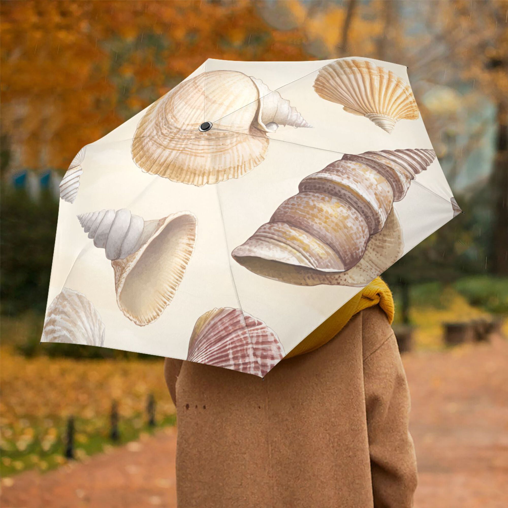 FORMRS Travel Umbrella Folding Auto Open Close Windproof Rain UV Protection, Beige Watercolor Seashells