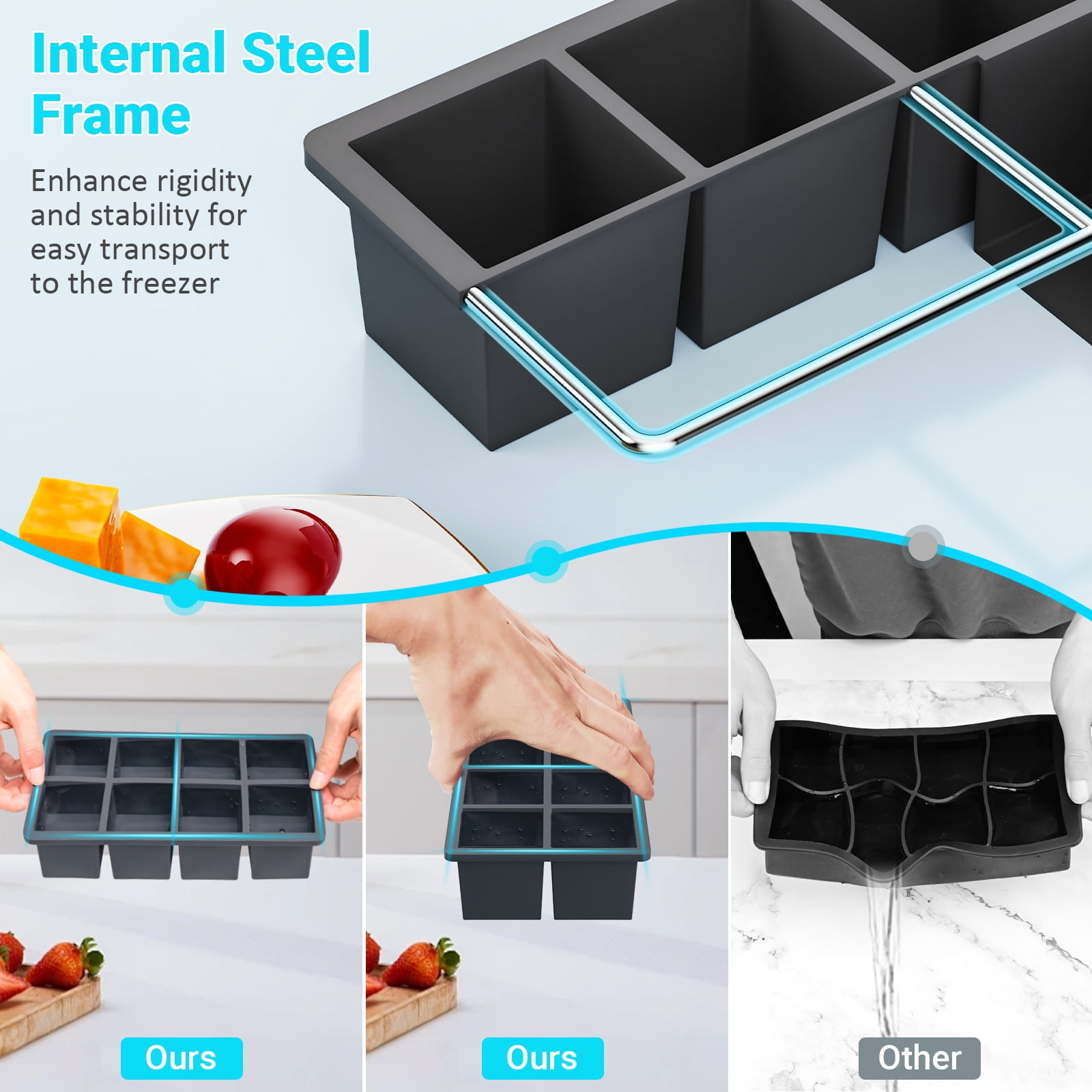 TINANA Ice Cube Tray with Lid: 3 Pack Large Silicone Ice Tray Molds for Freezer, BPA Free, Big Square Ice Cube for Whiskey, Cocktails, Baby Food, Juices-Gray&Blue&Purple
