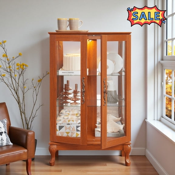 Tcbosik Lighted Display Curio Cabinet, 3-Tier Storage Cabinet with Adjustable Shelves and 2 Glass Doors, Accent Cabinet for Living Room, Easy Assembly, Dark Oak