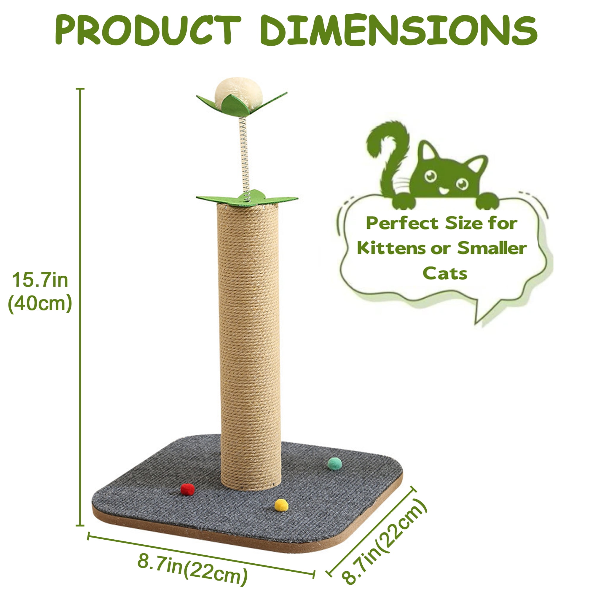GARITIN Cat Scratching Post, 16'' Tall Cat Scratch Post for Indoor Cats, Kitten Post Scratcher for Interactive Play, Gray
