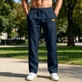 thumbnail image 2 of Beach Pants for Men Cotton Drawstring Elastic Waist Cotton Linen Pants Relaxed Fit Straight Leg Lightweight Breathable Causal Trousers, M, 2 of 6