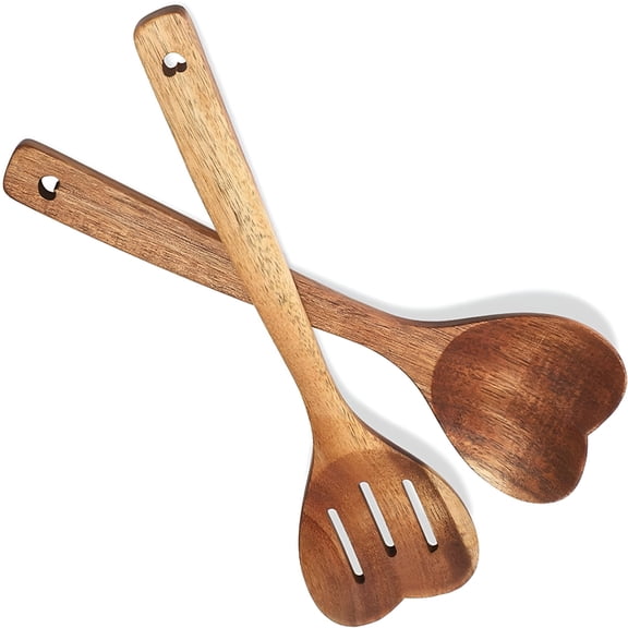 ACDANC 2 Pcs Wooden Heart Spoon Set for Cooking Acacia Heart Shaped Wooden Spoon Long Handle Kitchen Utensils Gifts for Wife Grandma Moms Hostesses Cooks Housewarming Wedding Decoration