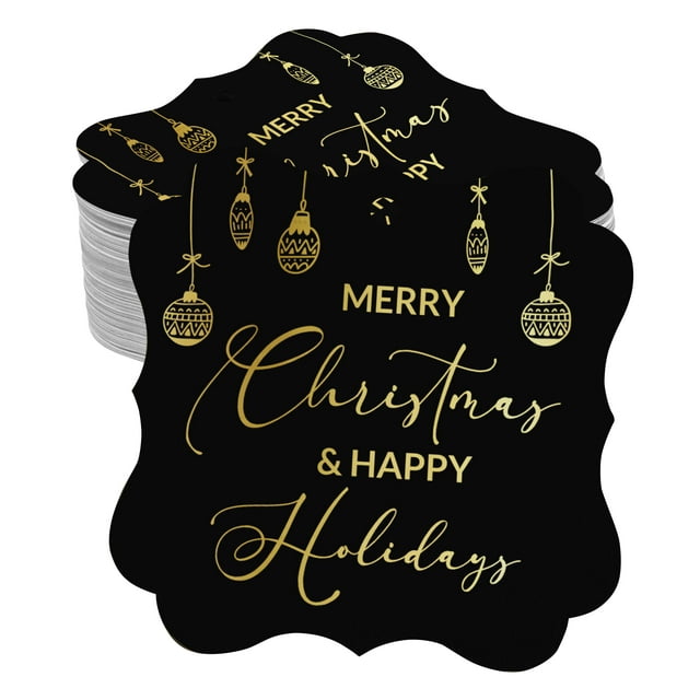 Inkdotpot Pack Of 100 Merry Christmas & Happy Text Paper Tags DIY Craft Bracket Shape Real Gold Foil Hang Tags