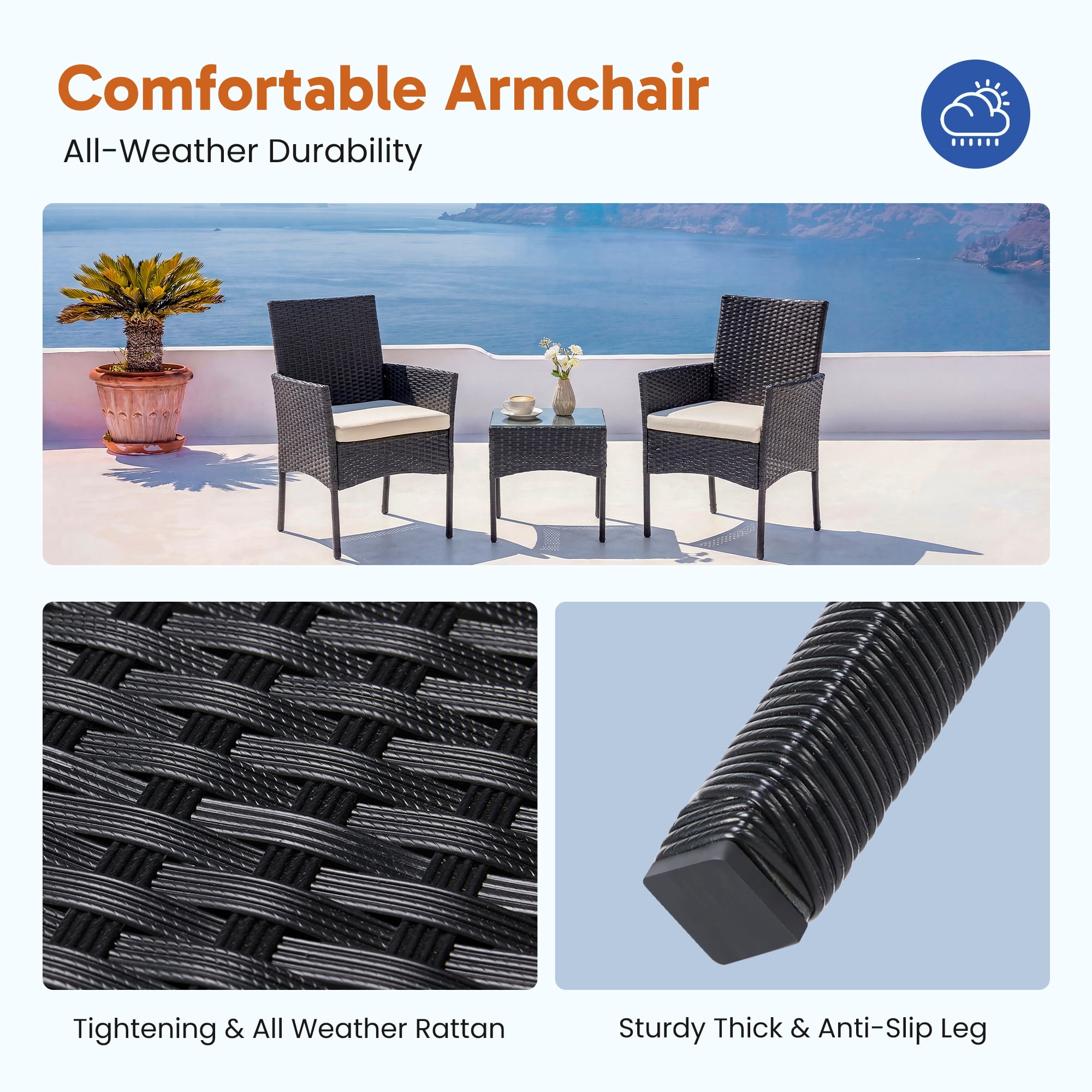 EDX 3-Piece Patio Conversation Set, All-Weather PE Rattan Outdoor Furniture with Wicker Chairs, Tempered Glass Table, Washable Cushions, Black/Beige