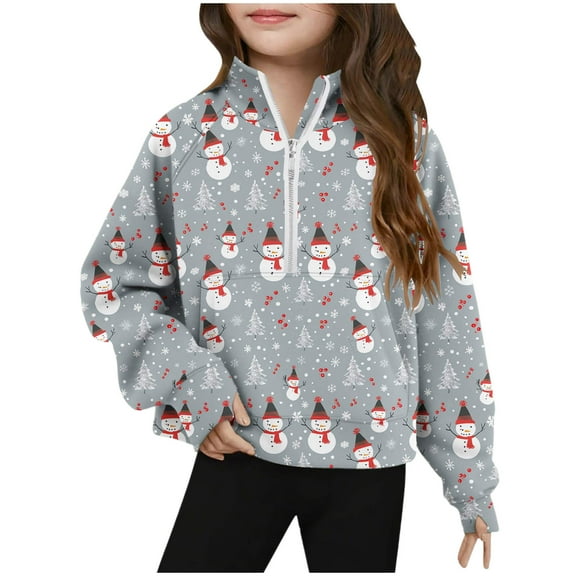 IVEYRTF Kids Christmas Print Half Zip Hoodless Pullover Long Sleeve with Pockets Fleece Casual Fall Winter Sports Tops for Children 5-14 Years(Multicolor,7 Years)