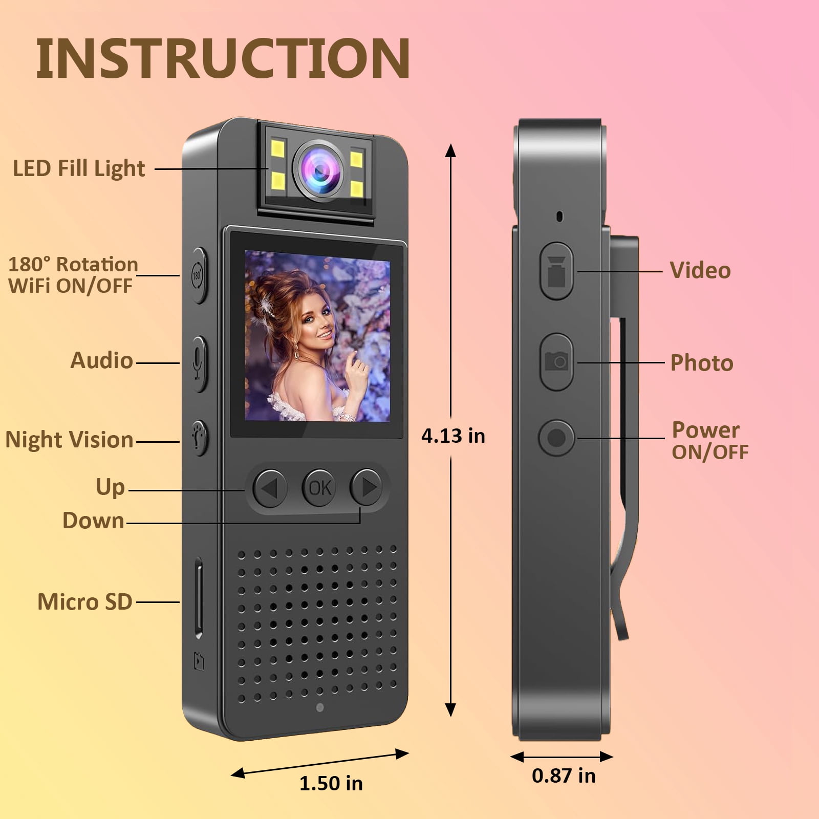 RONY 128GB Small Body Camera with Audio and Video Recording - 1080P Mini Camcorder Security Camera with Clip 180 Degree Rotating Lens Real Time Monitoring Night Vision