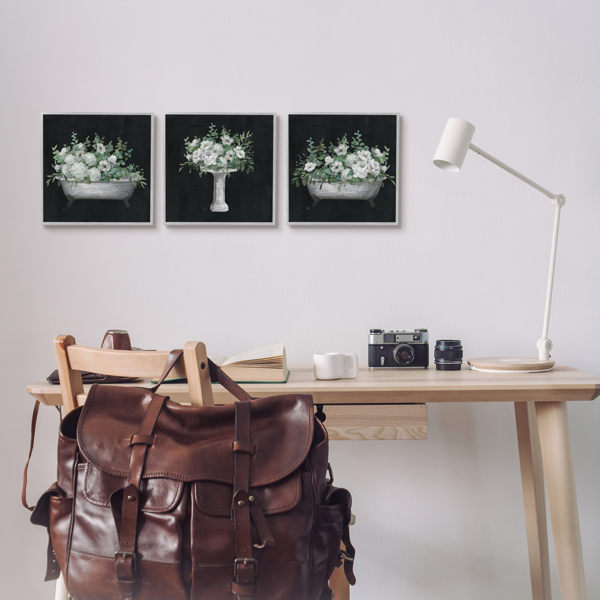 Stupell Industries Vintage Bathroom Hydrangeas Botanical & Floral Painting Gray Framed Art Print Wall Art, 12 x 12, Set of 3