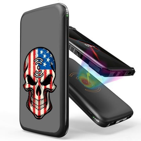 

INFUZE Qi Wireless Portable Charger for Samsung Galaxy A52 5G External Battery (10000 mAh 18W Power Delivery USB-C/USB-A Ports) with Touch Tool - USA American Skull