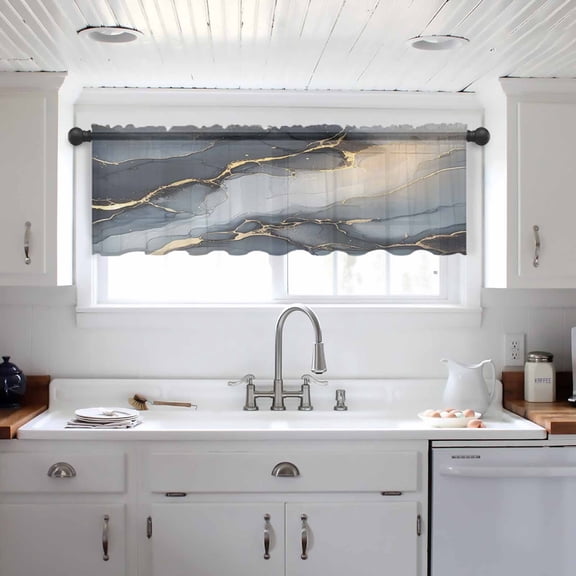Gray Marble Valance Curtains for Kitchen/Living Room/Bathroom/Bedroom Window, Abstract Modern Ink Painting Ombre Rod Pocket Small Topper Half Short Window Curtains Voile Sheer Scarf 42"x12"