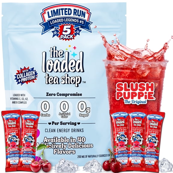 The Loaded Tea Shop X SLUSH PUPPiE Chillin' Cherry Collagen Protein Energy Drink Mix, 5ct