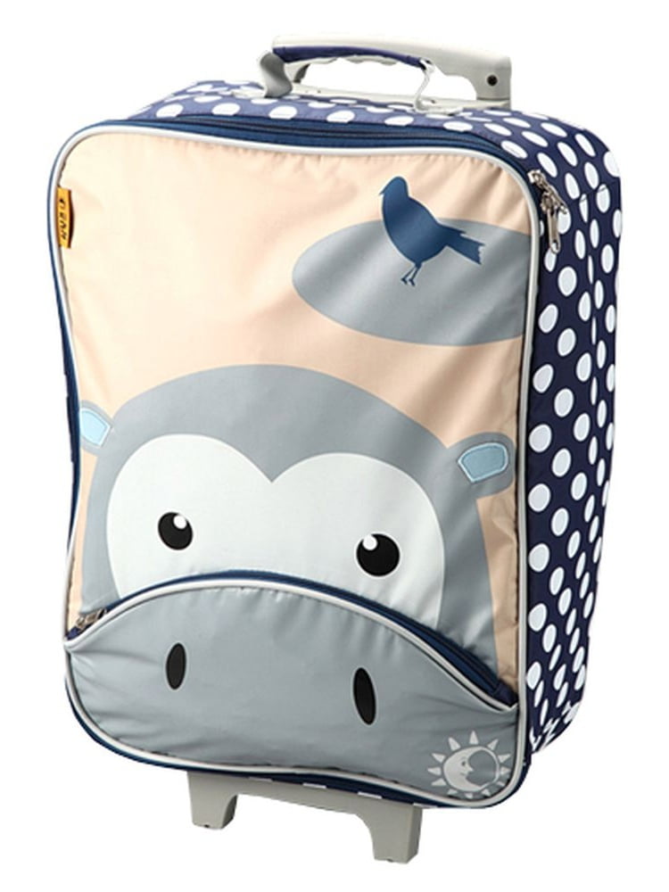 D and N Kids Girls Boys Hippo Wheeled Rolling Front Zipper Suitcase