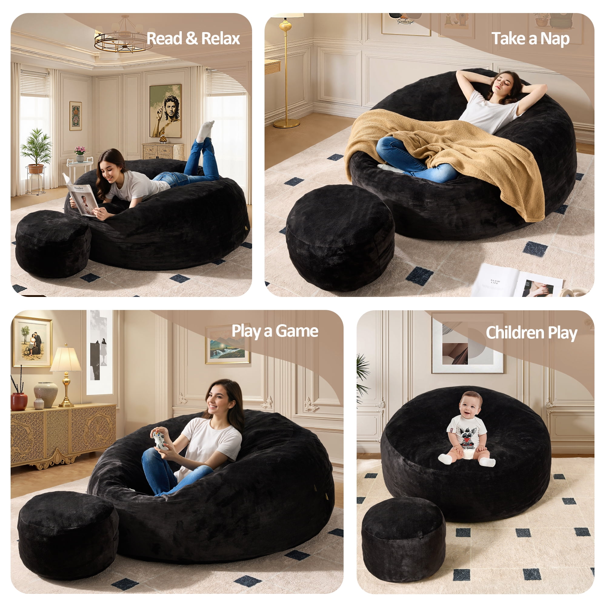 Vcatnet 59" Oversized Bean Bag Chair for Adults with Ottoman Giant Bean Bag Sofa Couch with Memory Foam Upholstered Lazy Floor Sofa for Living Room Bedroom, Black