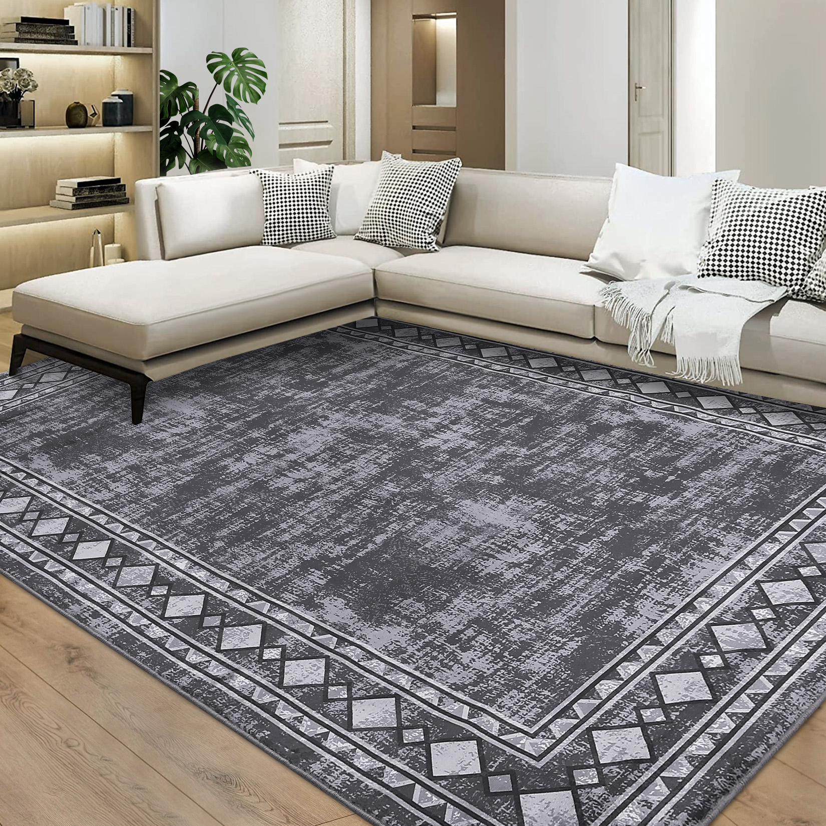 Garvee 5'x7' Geometric Bordered Area Rugs Contemporary Rugs for Living Room, Non-Slip Washable Rugs Soft Throw Rugs Low-Pile Stain Resistant Carpet for Bedroom Dining Room Farmhouse, Gray