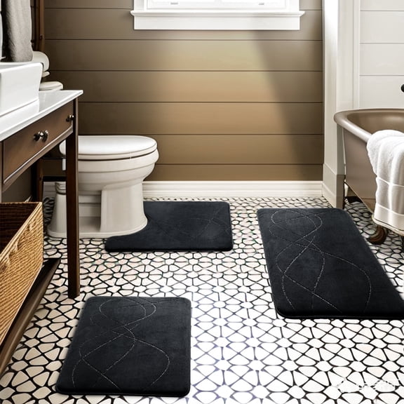 ChakmeOne Bathroom Rugs Sets 3 Piece Black Bath Mat Super Soft Absorbent & Non Slip Bathroom Rugs for Tub & Shower Floor
