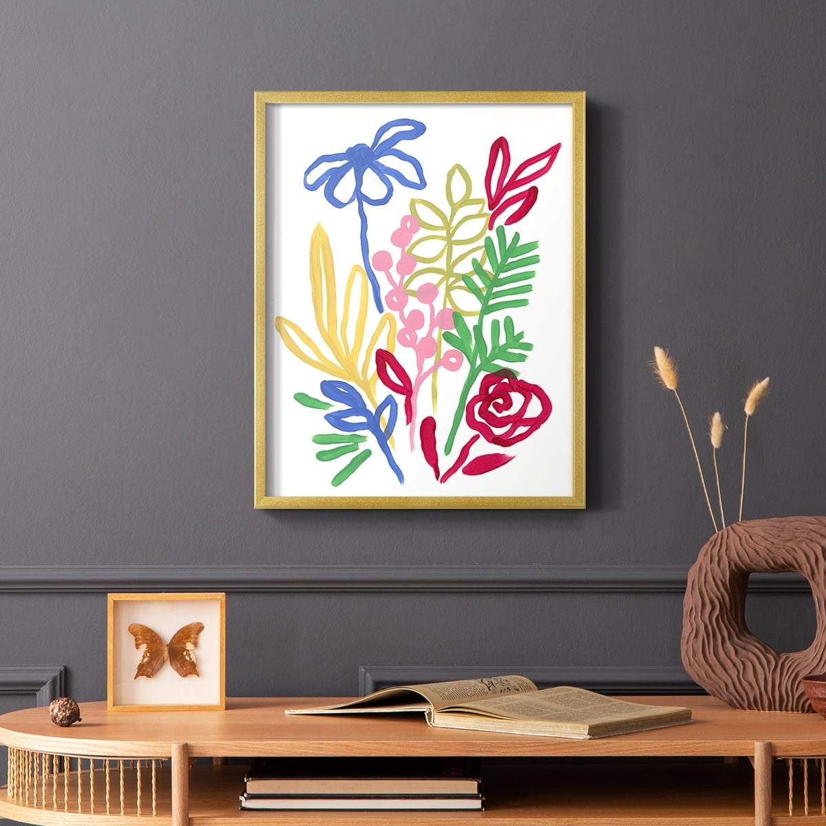 Bold Brushstroke Blooms I Framed Print in Gold Solid Wood Framed Print No Nail Hanging