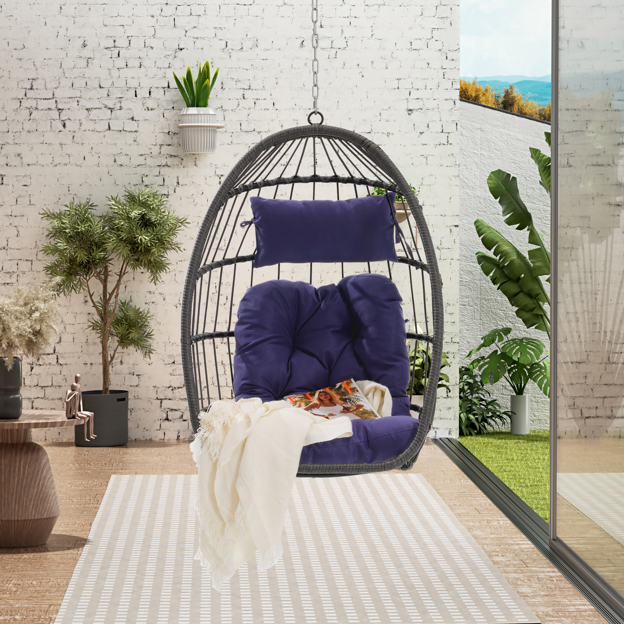 Wicker Folding Egg Chair, Indoor Outdoor Swing Egg Chair, Garden Porch Backyard Patio Lounge Chair, Dark Blue Cushion - image 2 of 9
