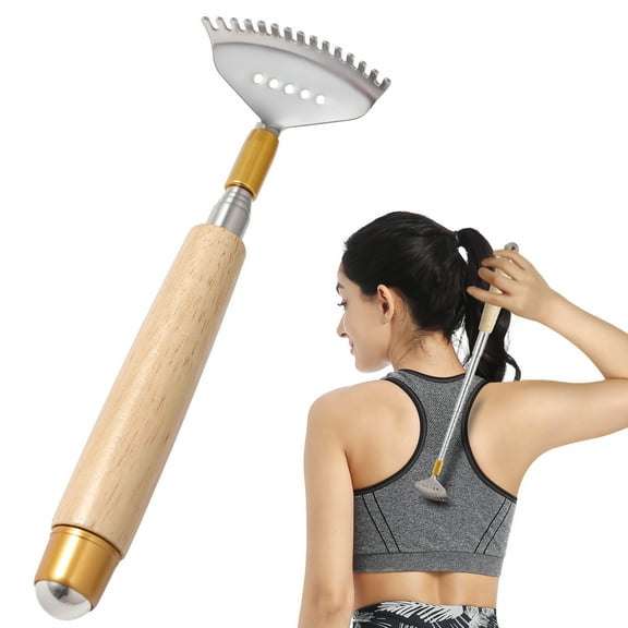 Back Scratcher Extendable with Wooden Handle/ Roller Ball for Body Massage, Metal Retractable Heavy Duty Back Scratcher for Women Men Kids