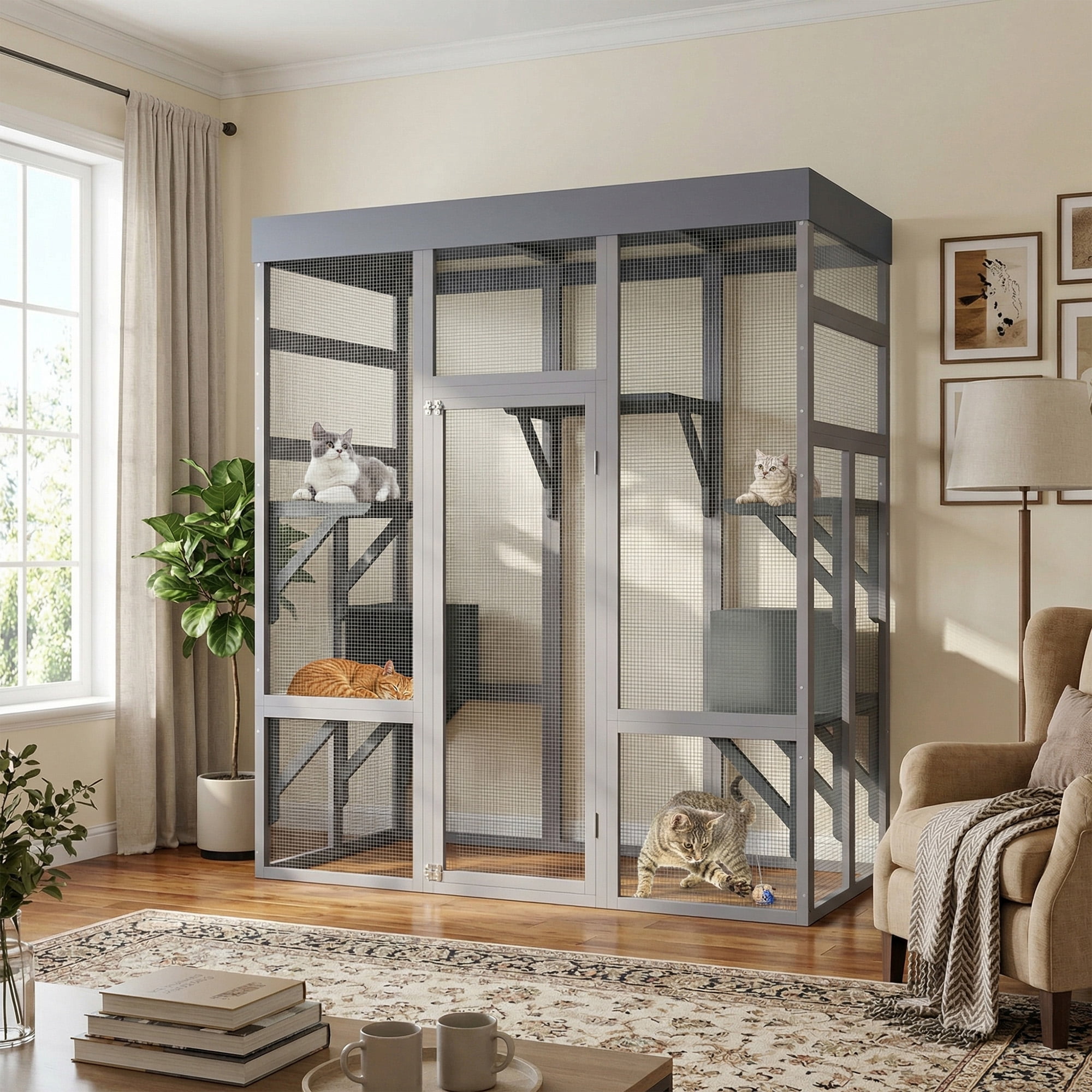 Solid Wood Pet Enclosure with Waterproof Fabric Top, Heavy Duty Metal Wire Mesh Dog Playpen, Spacious Indoor Pet House with Convenient Access Door Easy to Assemble for Small Medium Pets