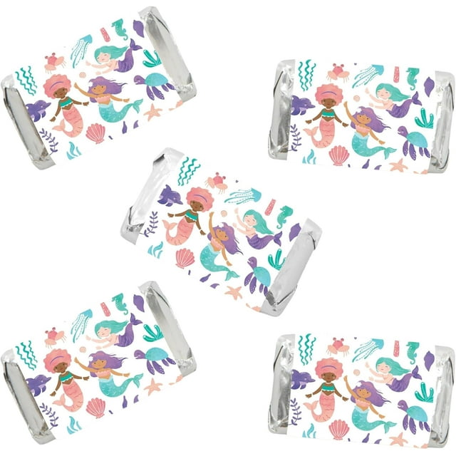 Big Dot of Happiness Mermaid Party Mini Candy Bar Wrapper Stickers, Mermaid Characters Birthday Party Small Favors - 40 Count Sticker Labels