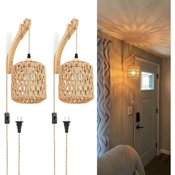Plug in Wall Sconces Set of Two Hand Woven Lamp with Cord Rattan Lights Farmhouse Sconce Mounted Light Boho Lighting for Bedroom Living Room