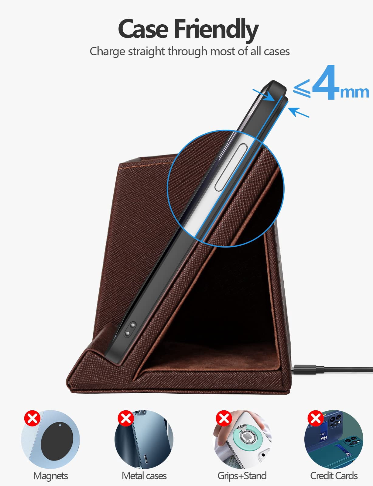 Extrelife Desk Organizer with Wireless Charging for iPhone, PU Leather with Pencil Holder for Desk & Nightstand, Brown