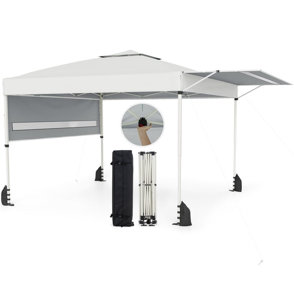 Costway 10x17 FT Pop Up Canopy Tent with Dual Adjustable Awnings, Silver-Coated Fabric White