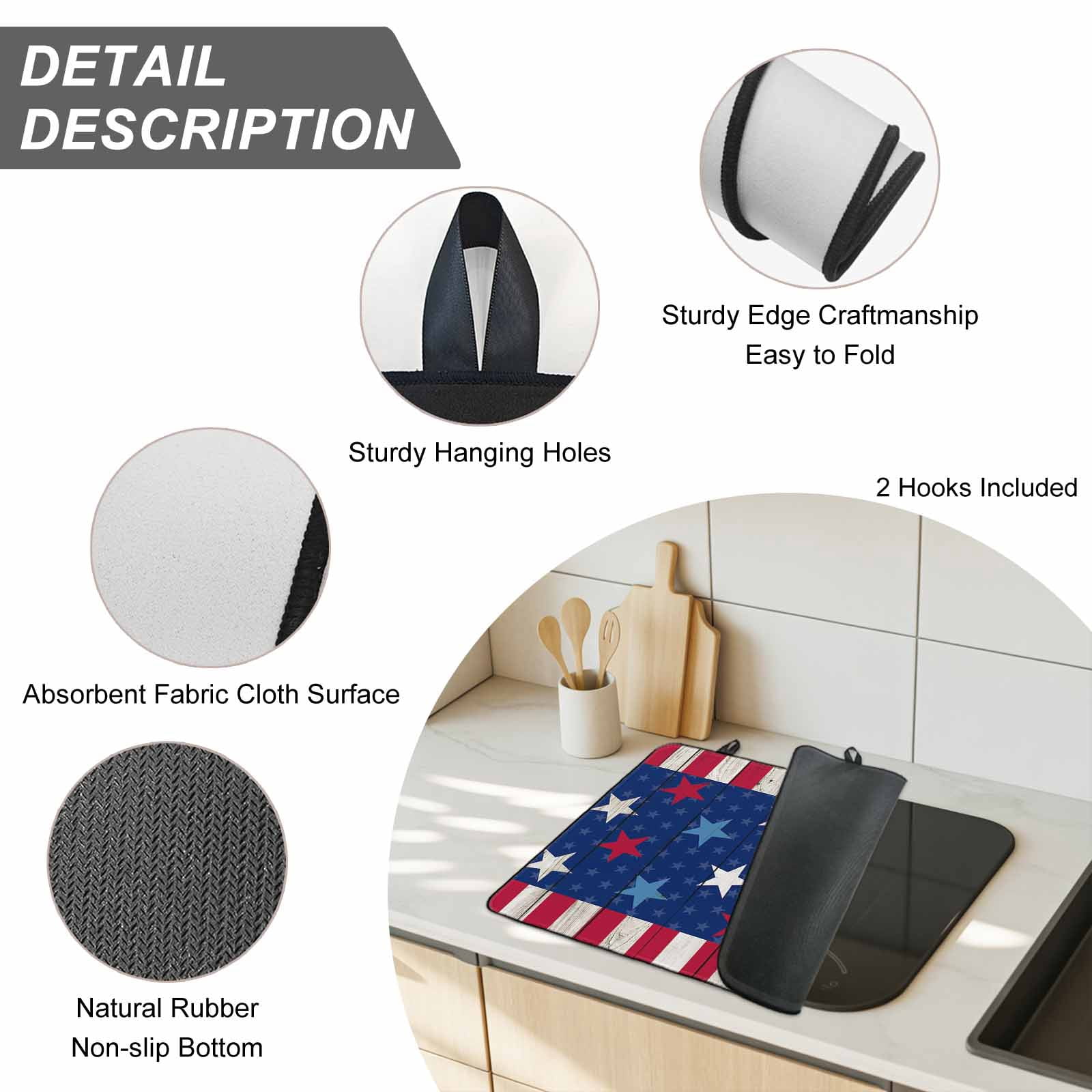 4th of July Stove Top Cover for Electric Stove, Heat-proof & Non Slip Glass Top Stove Cover Protector, Star Red Stripes Wood Independence Day Kitchen Flat Cooktop Rubber Mat 24x21 Inches