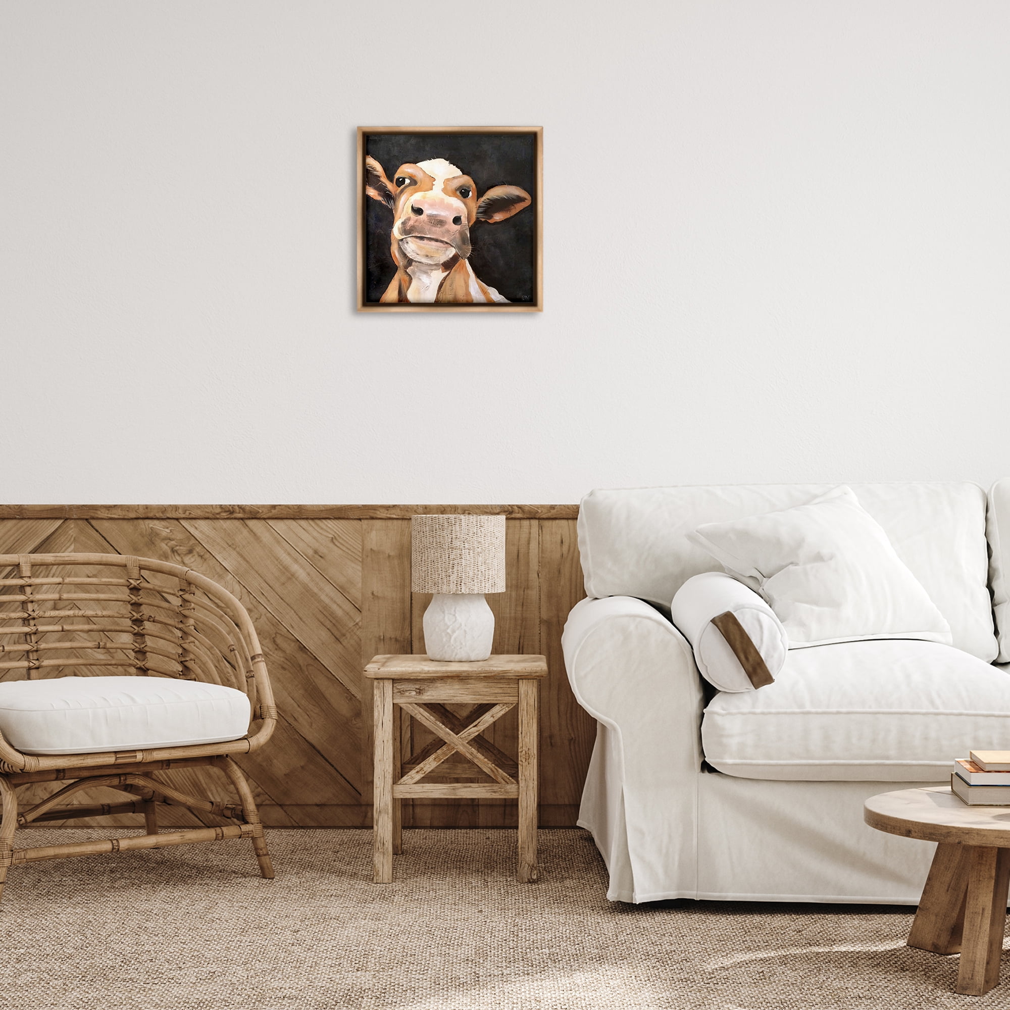 Stupell Industries Country Cow on Black Animals & Insects Painting Brown Floater Framed Canvas Art Print Wall Art, 18 x 18