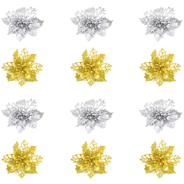 Hollow Simulation Christmas Flowers Decor Artificial Flowers for Christmas Wreath Tree Decor 12 pcs